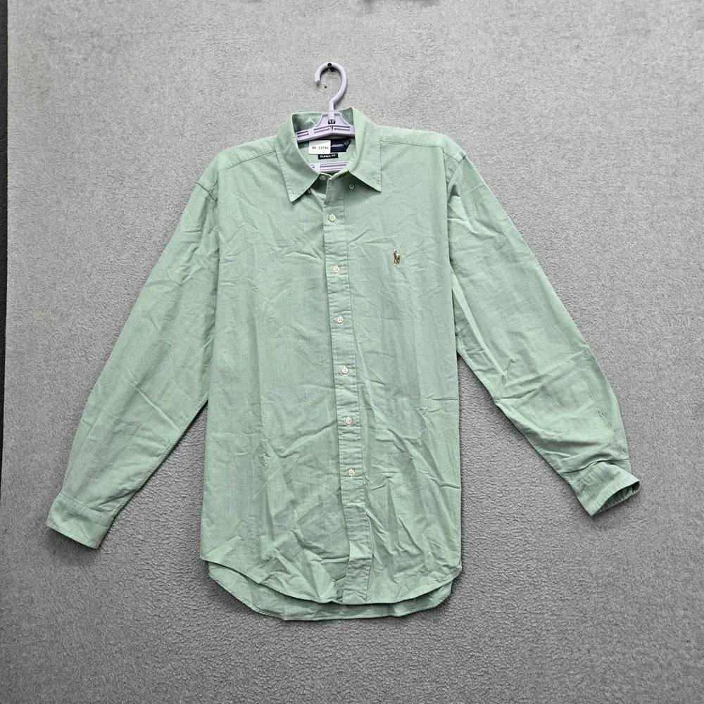 Ralph Lauren Men Button Up Shirt 15.5 Green Embroidered Classic Chambray